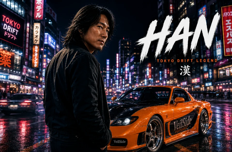 Han Lue stands in front of his orange-and-black Veilside Fortune Mazda RX-7 FD3S in neon-lit Tokyo — Fast and the Furious: Tokyo Drift hero car
